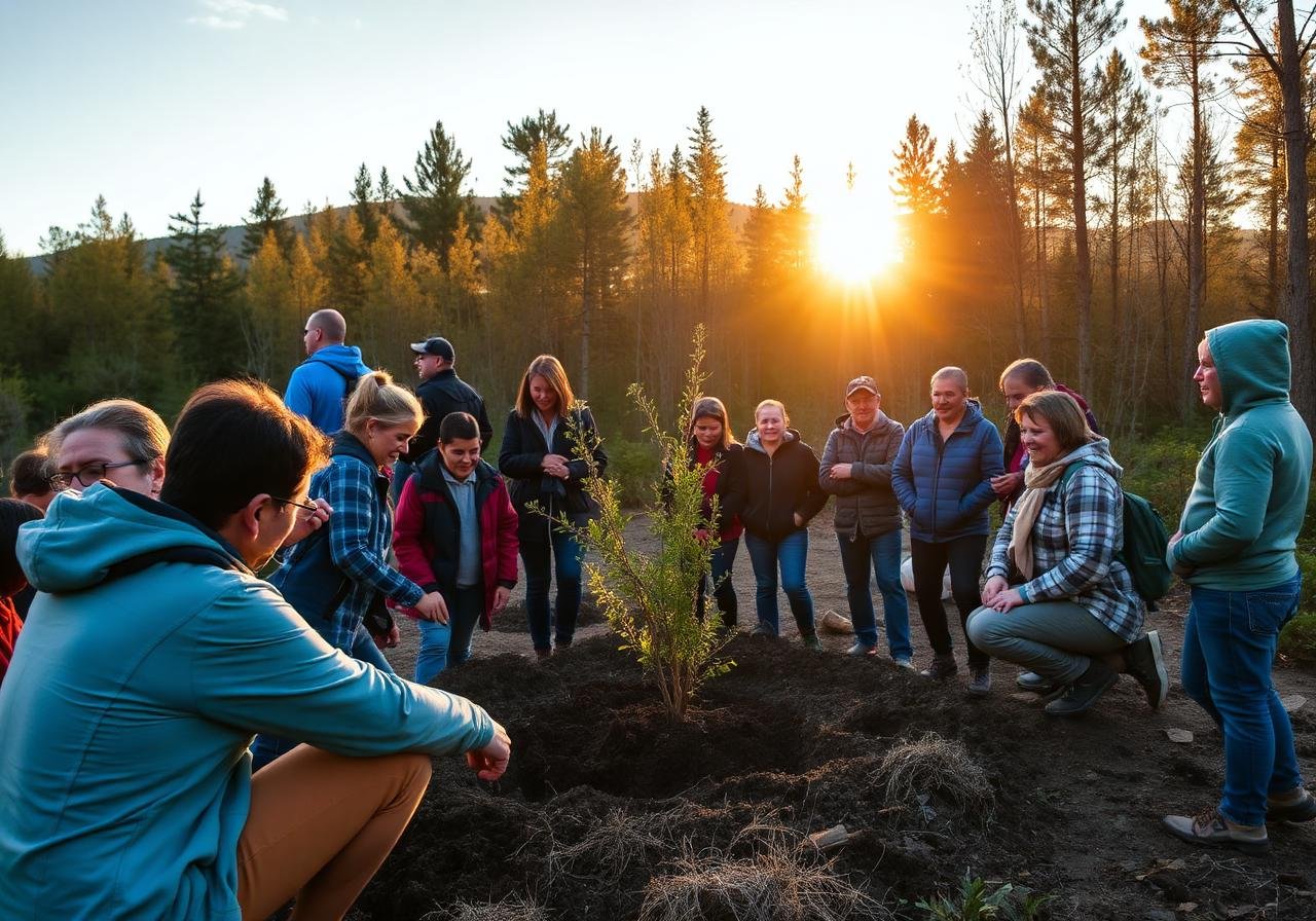 Comunidad reunida plantando árboles nativos